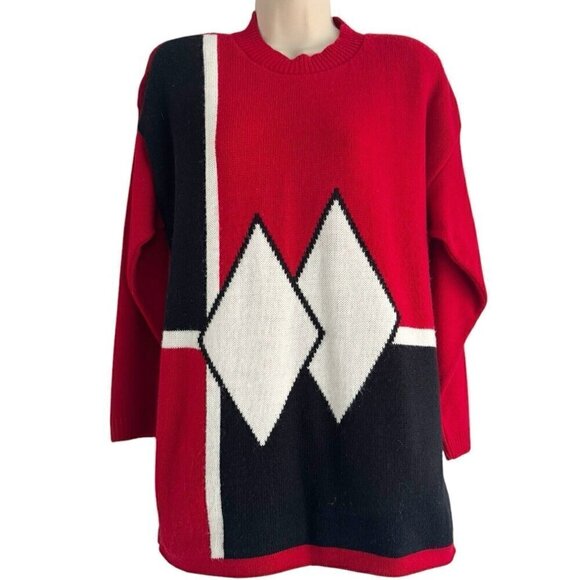 Modiano Sweaters - Vintage 90s Modiano Womans Sz M Red Black Colorblock Mock Neck Pullover Sweater